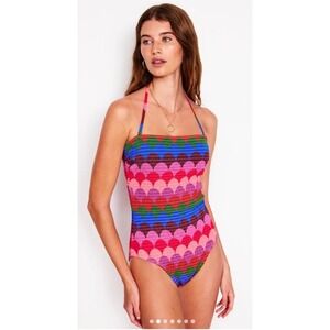 BODEN Milos Smocked Swimsuit US 14 Scallop Stripe Removable Halter Strap Bandeau